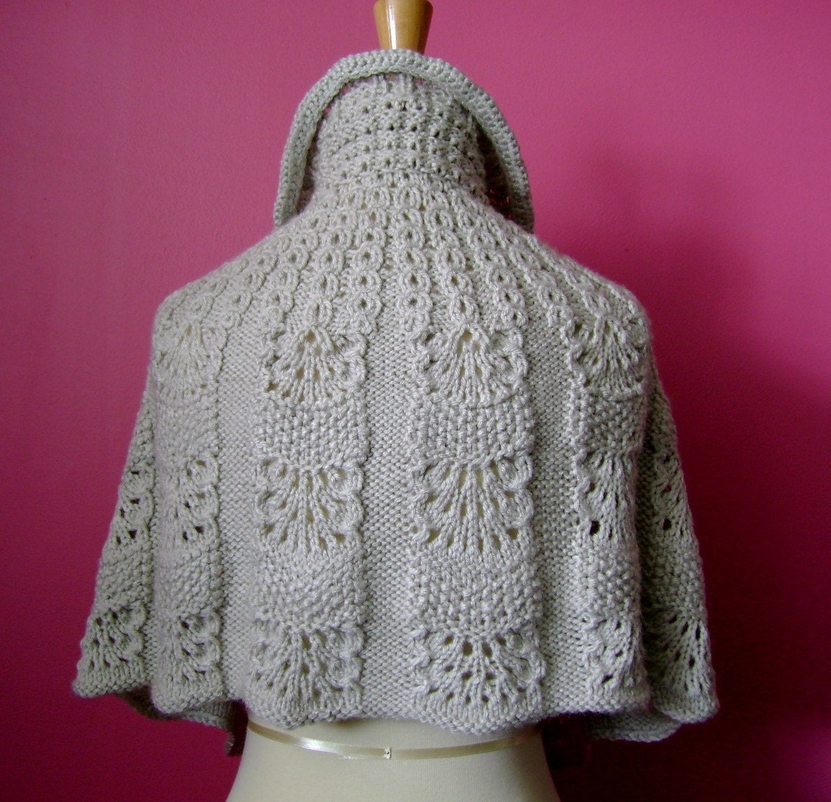 Vintage  Knitted capelet / cape / poncho in a shade of light linen mist silver gray Romantic victorian renaissance antique gorgeous crystal buttons