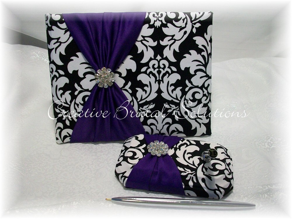 Black and White Damask with Purple Wedding Guest Book and Pen