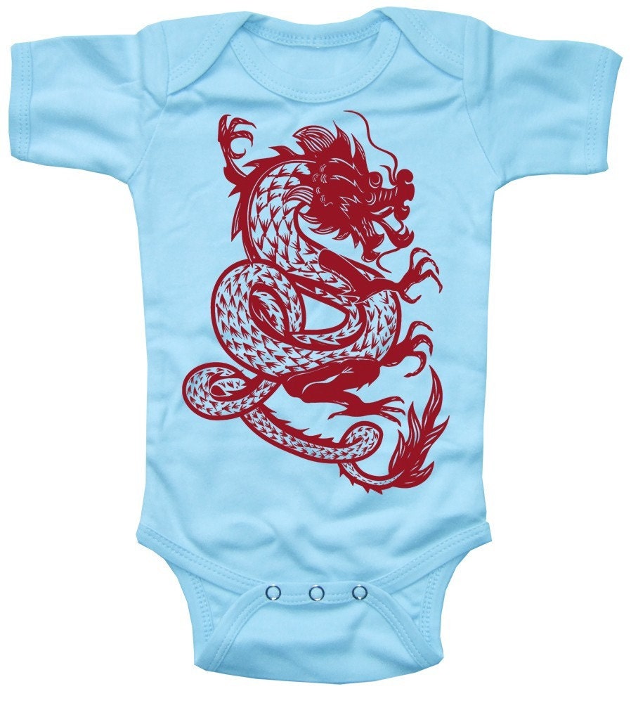 Red Dragon Short Sleeve Turquoise Blue Baby Boy Bodysuit Sizes 0 to 6, 6 to 12 Months