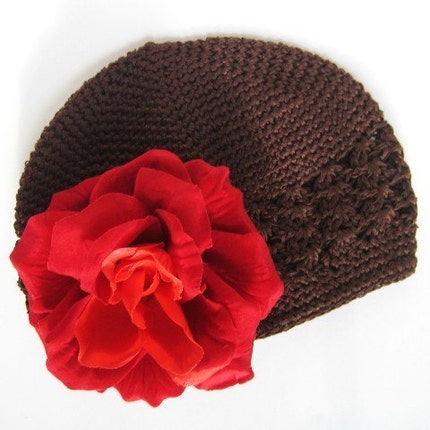 PRE SALE - Hazel - Brown Crochet Hat with a Red Rose