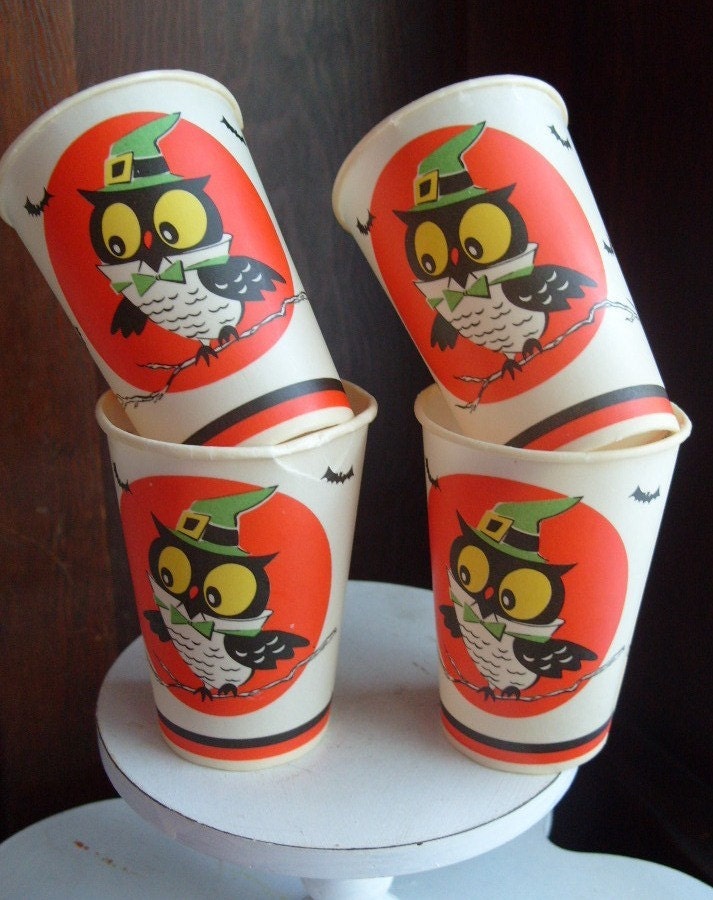 Vintage Paper Halloween Cups with Owl Witch and Bats - TOO CUTE