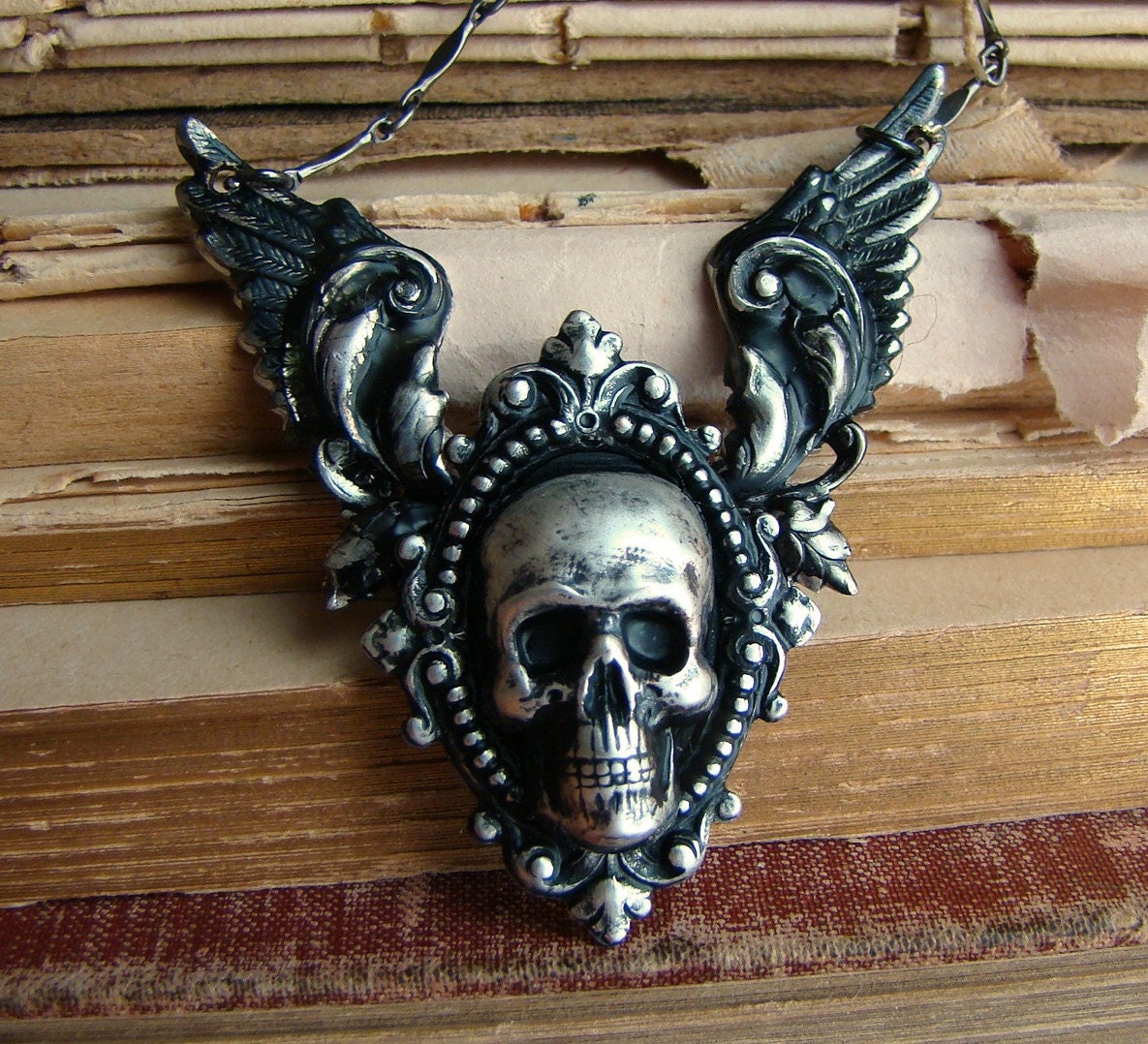 Purgatory Revisited - Silver Winged Skull Neo-Victorian Gothic Necklace