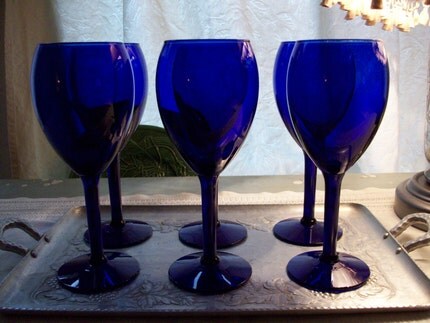 6 Vintage Cobal Blue Wine Glasses