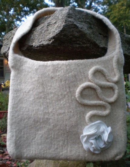 Knit Felted White Bag with Flower