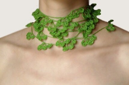 Linen Thread Lariat. Delicate Crocheted. Light Olive Green.