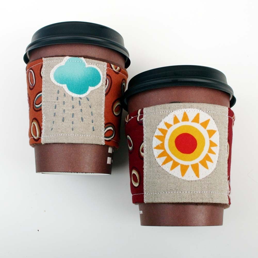 Coffee Cozy Sleeve Set -- I Love Coffee, Rain or Shine