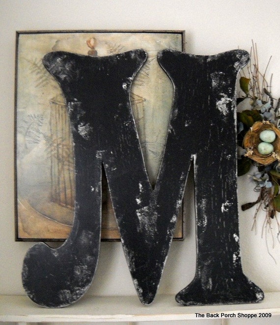 BLACK LETTER M Vintage Style 2 ft tall Wood Cut Out Signs Shabby Cottage ANY LETTER A - Z