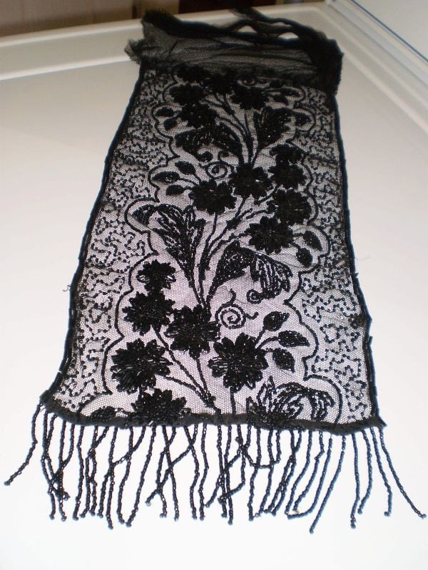 1800s Jet Bead trim from Mourning Dress ( Floral pattern ) MAGNIFICENT 17 1/2in x 7 1/4in  (Priced reduced )