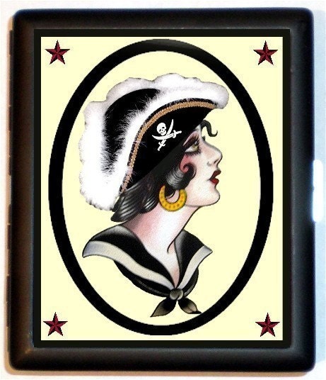 Vintage RETRO Tattoo Design Sexy Pirate Wench Vingette with Nautical Stars Unique and new design Black Metal Cigarette of ID card or Wallet Case