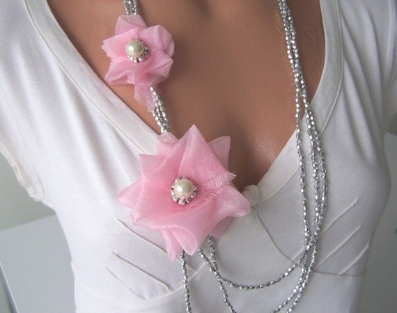 ALICE IN WONDERLAND, Wedding and Bridesmaid Accessories, Pastel Pink Organza Rose Bip Statement Necklace, Spring Fashion