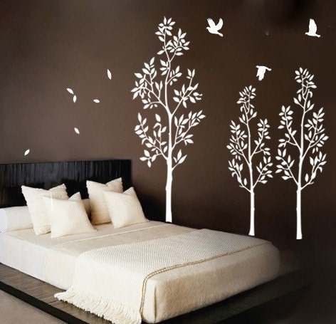  Decal ---Three Trees with Birds---Vinyl Wall Decal Stickers Wall Tattoos
