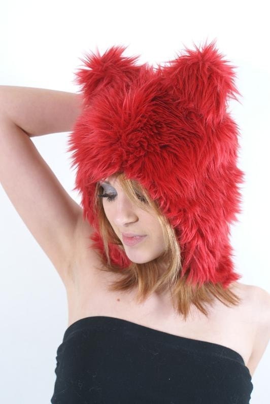 fur hats with animal ears. Red Furry Kitty Cat Ears