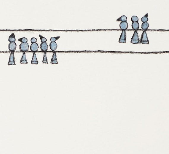 Family Lines (original drawing of eight blue birds on two telephone wires)