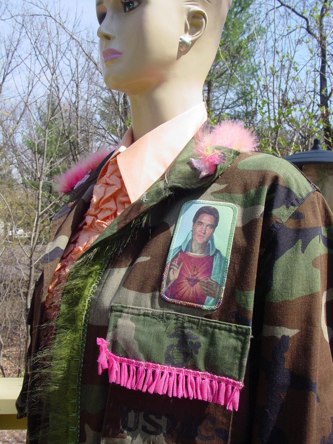 Altered Elvis as Jesus  kitsch military jacket with peace sign feathers and jewels ON SALE