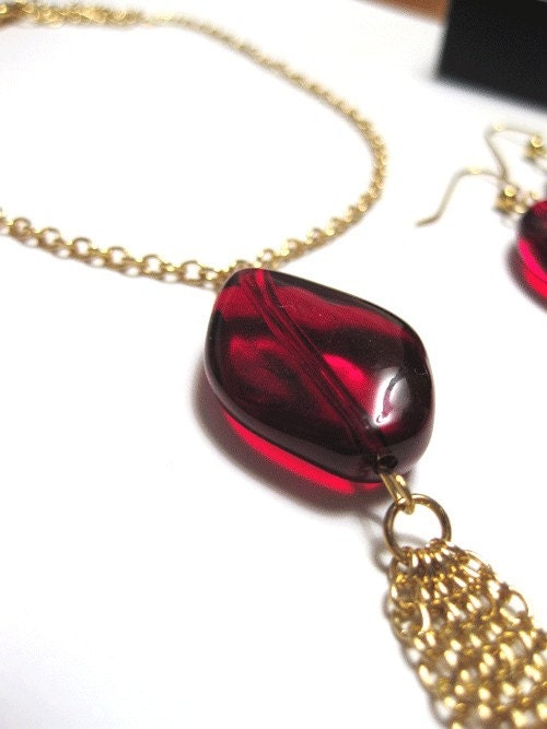 SALE Red Chains Necklace and Earrings Set