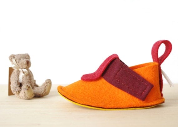 Toddler shoes Pop Orange with non slip soles - pure wool felt toddler booties in orange, red & yellow - toddler slippers