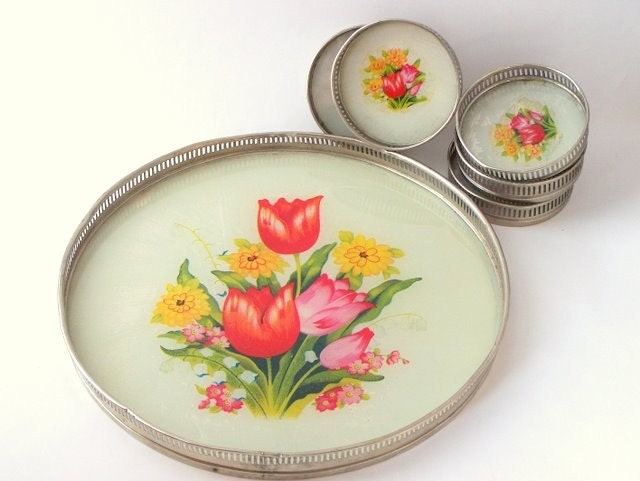 Vintage Coaster and Tray Set with Tulips Japan