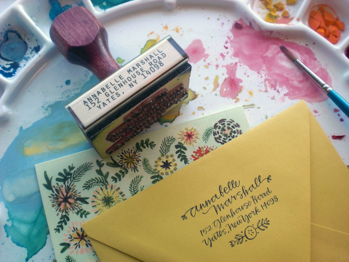 return address stamp - flower -  custom calligraphy