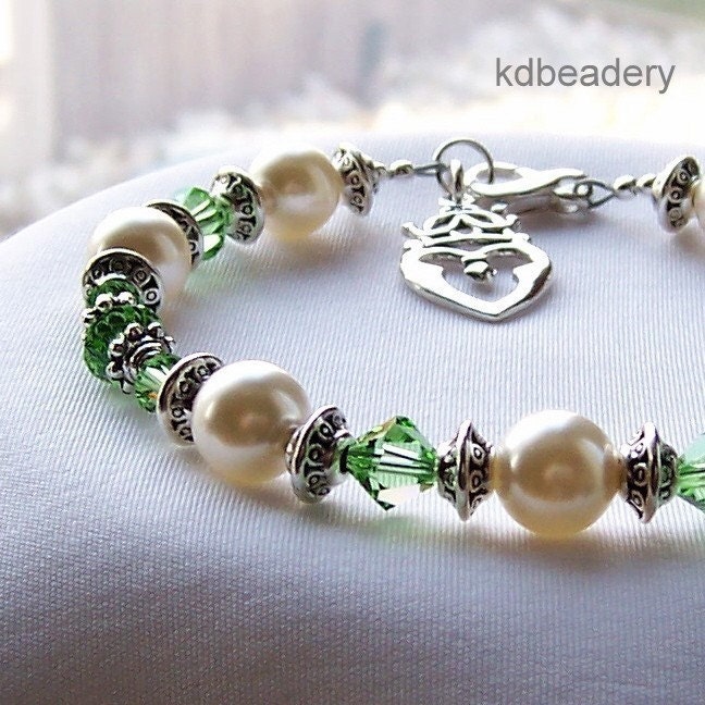 Celtic/Irish Pearl and Crystal Bracelet. Swarovski. Heart Crown. Bridal.