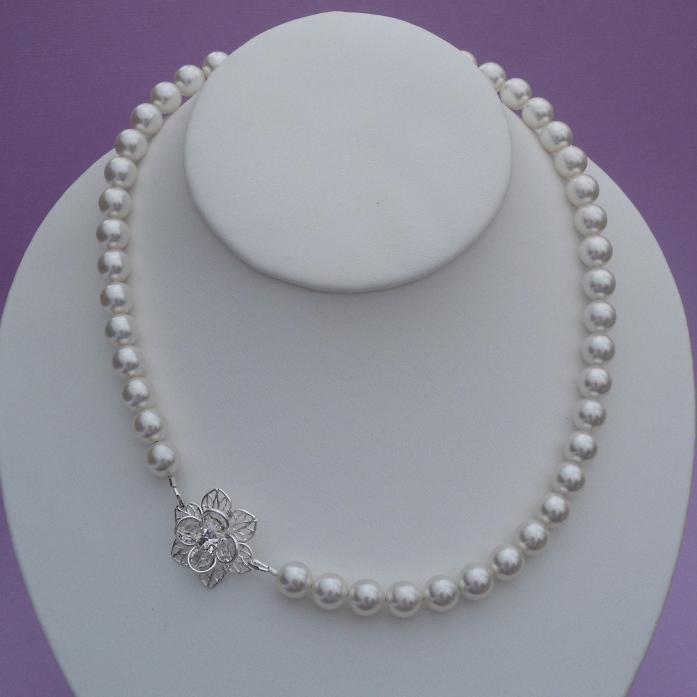 The White Lily Bracelet - Swarovski Crystal Filigree Lily and Crystal Pearls