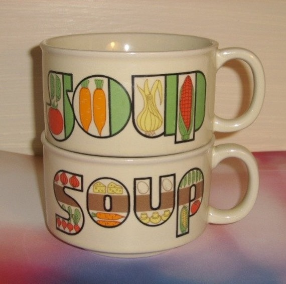 Vintage - 1970s Ceramic SOUP Mugs - Set of Two (2)