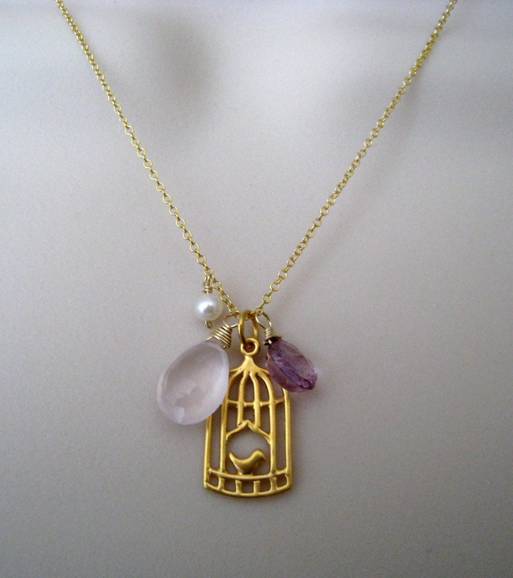 Bird cage charm with rose quartz, mystic pink quartz and fresh water pearl, 14k gold filled