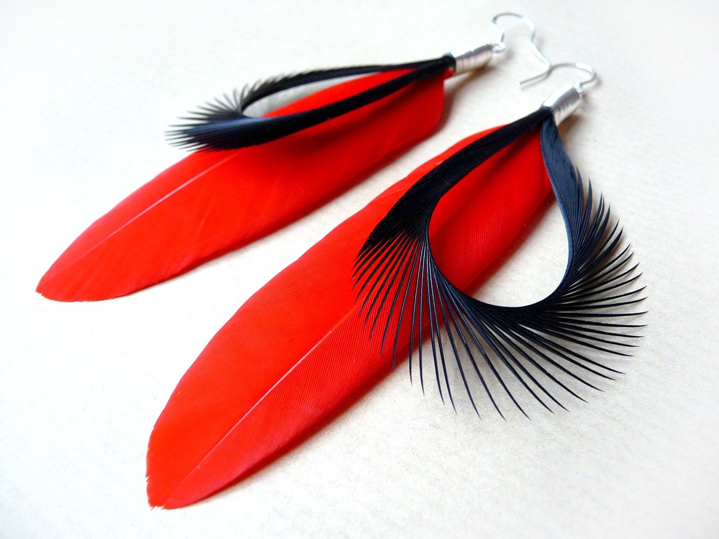 Striking Bright Red and Black Spiky Feather Earrings