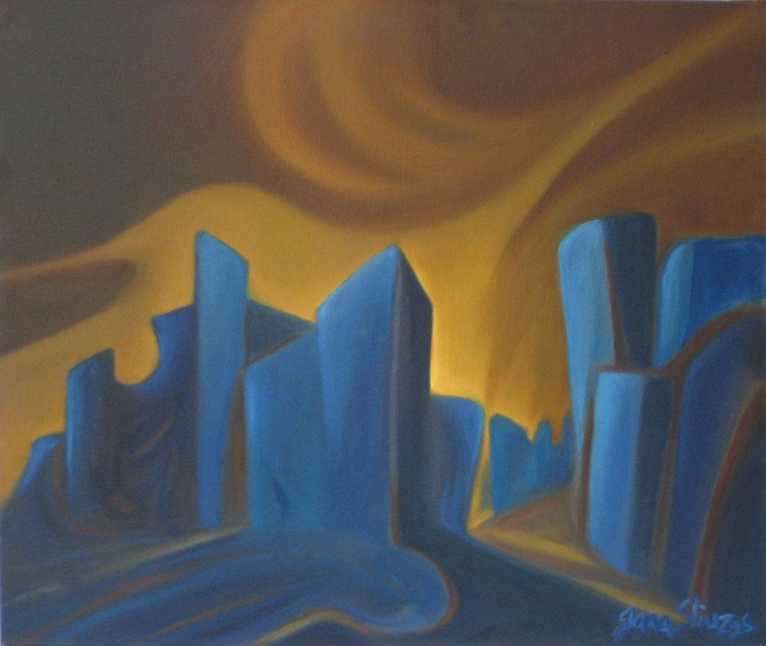 DOWNTOWN BEAT-oil on canvas expressionistic cityscape painting blue navy gold brown-21.5 X 25.5 in. by Jana Sliuzas -Free Shipping