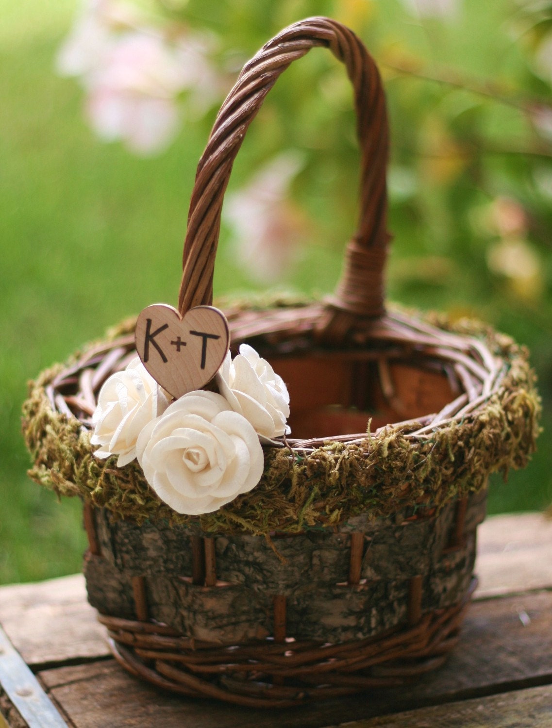 Personalized Flower Girl Basket Woodland Rustic Birch Bark Outdoor Fall WInter Roses CHIC