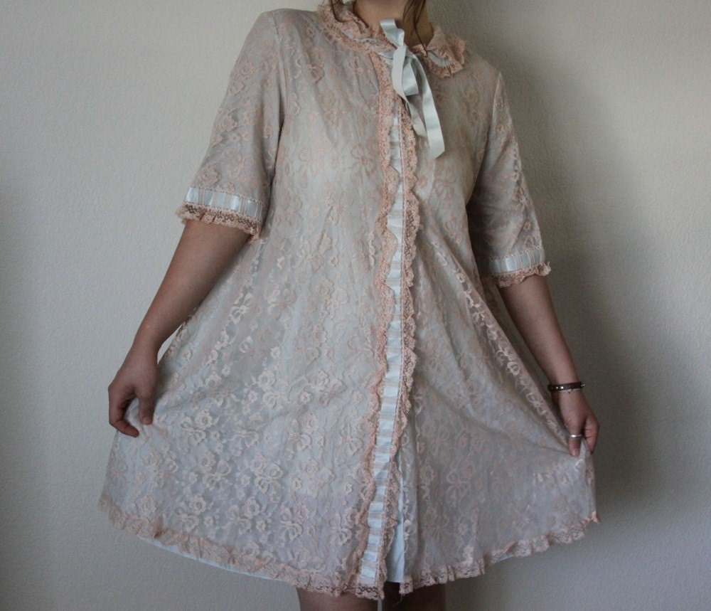 50s Baby Blue and Nude Peach Lace Peignoir Robe by Odette Barsa