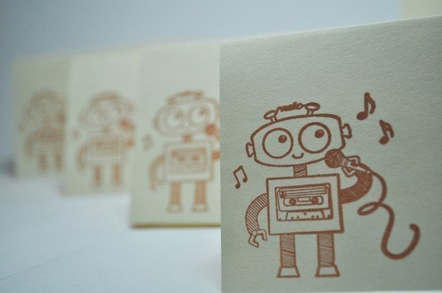 Ridiculously Cute Singing Robot- handstamped Mini  blank cards( Set of 8) by LittlePinkKangaroo