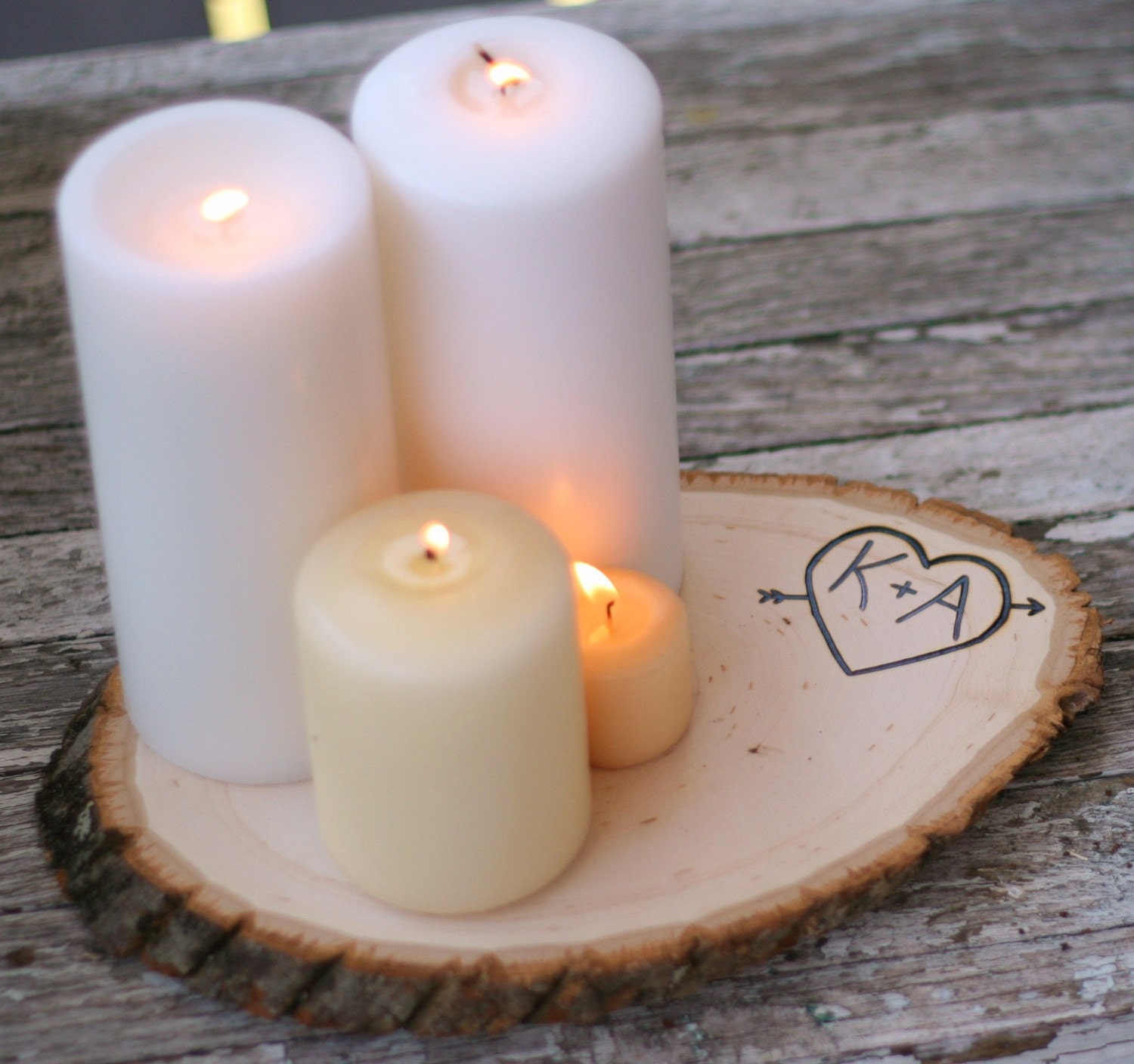  Engraved Heart and Arrow Wood Tree Slice Wedding Centerpiece Candle