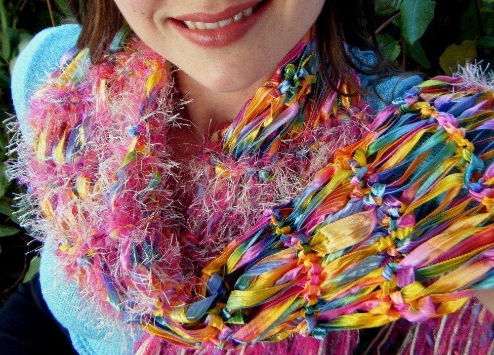 Pastel Rainbow Handknit Ribbon Scarf  with Pink, Cream and Grey is Ultra Feminine, Satin Soft