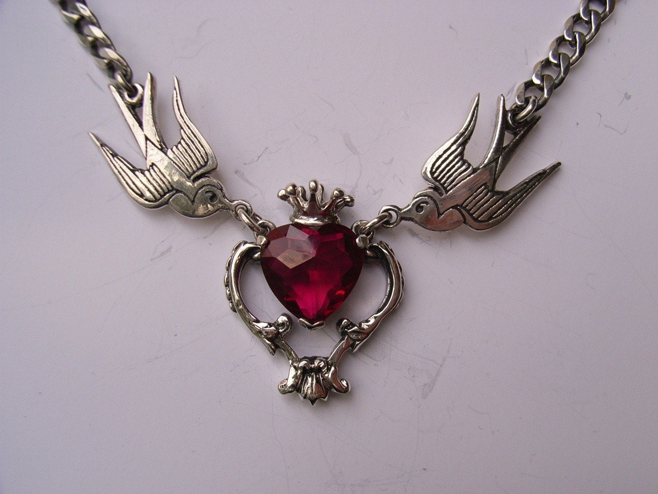 Sterling Silver Swallows and Baroque Design Necklace with Cubic Zirconia