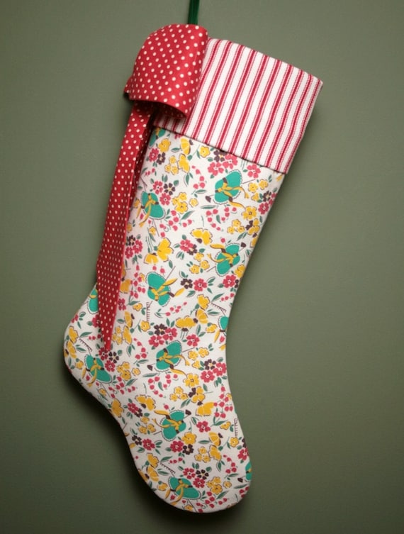 Sweet Vintage Feedsack Christmas Stocking - Garden Hats and Flowers