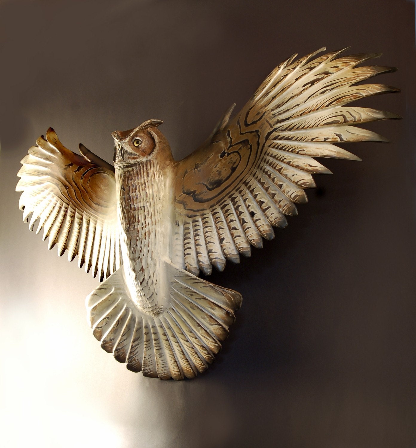 Owl Sculpture hand carved by Jason Tennant, Silent Flight, Owl woodcarving