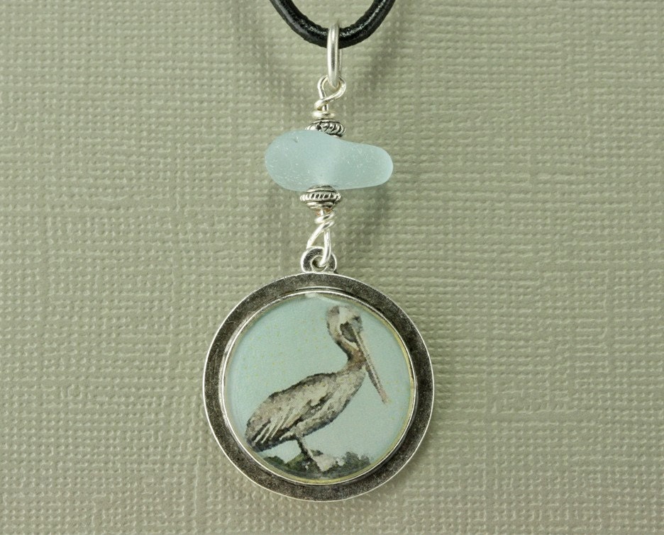 SAVE THE GULF - Pelican With Genuine Sea Glass Necklace
