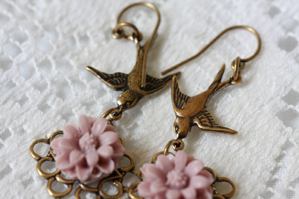 Gold Swallow and Flower Cabochon Earrings, Swallows