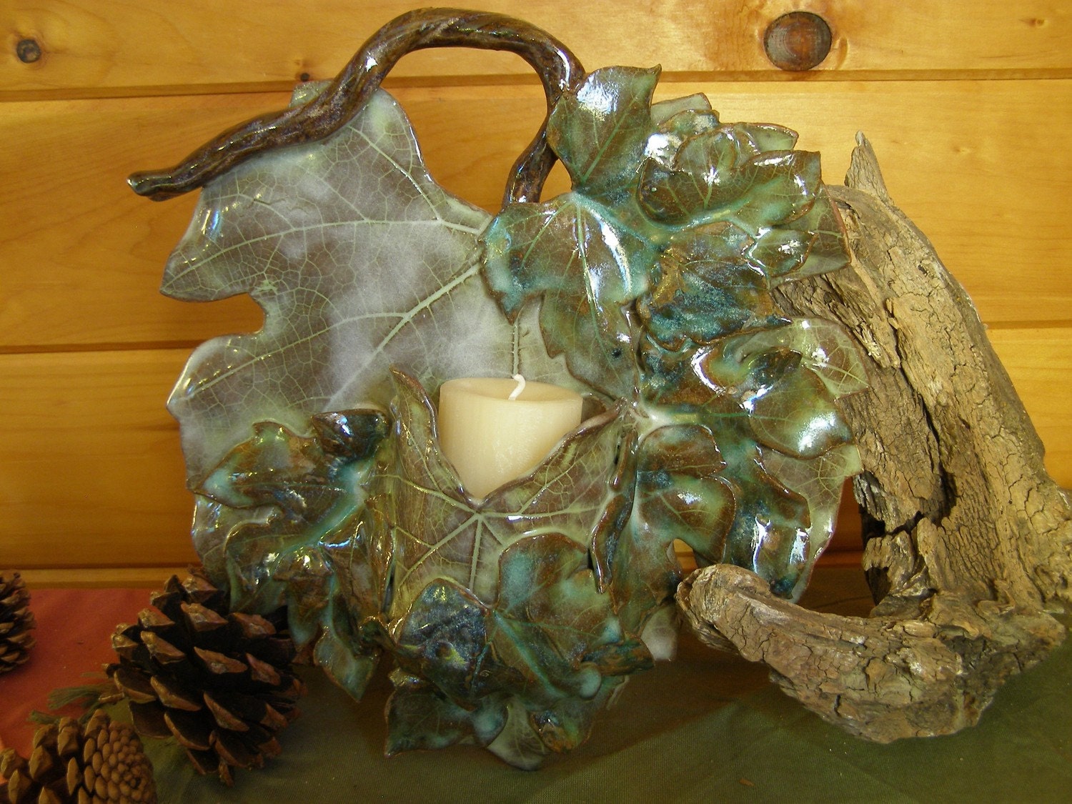 Warm Coffee Brown and Shades of Turquoise Grape Leaves Candle Wall Sconce