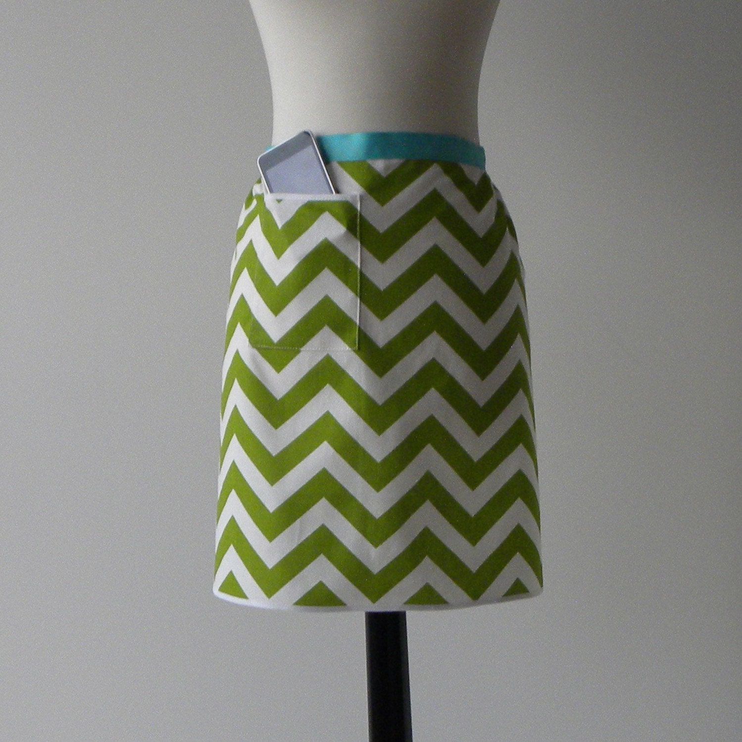 MODERN HOSTESS APRON with iPod/iPhone/smartphone pocket- Lime Green and White Chevron Stripe (Free Shipping)