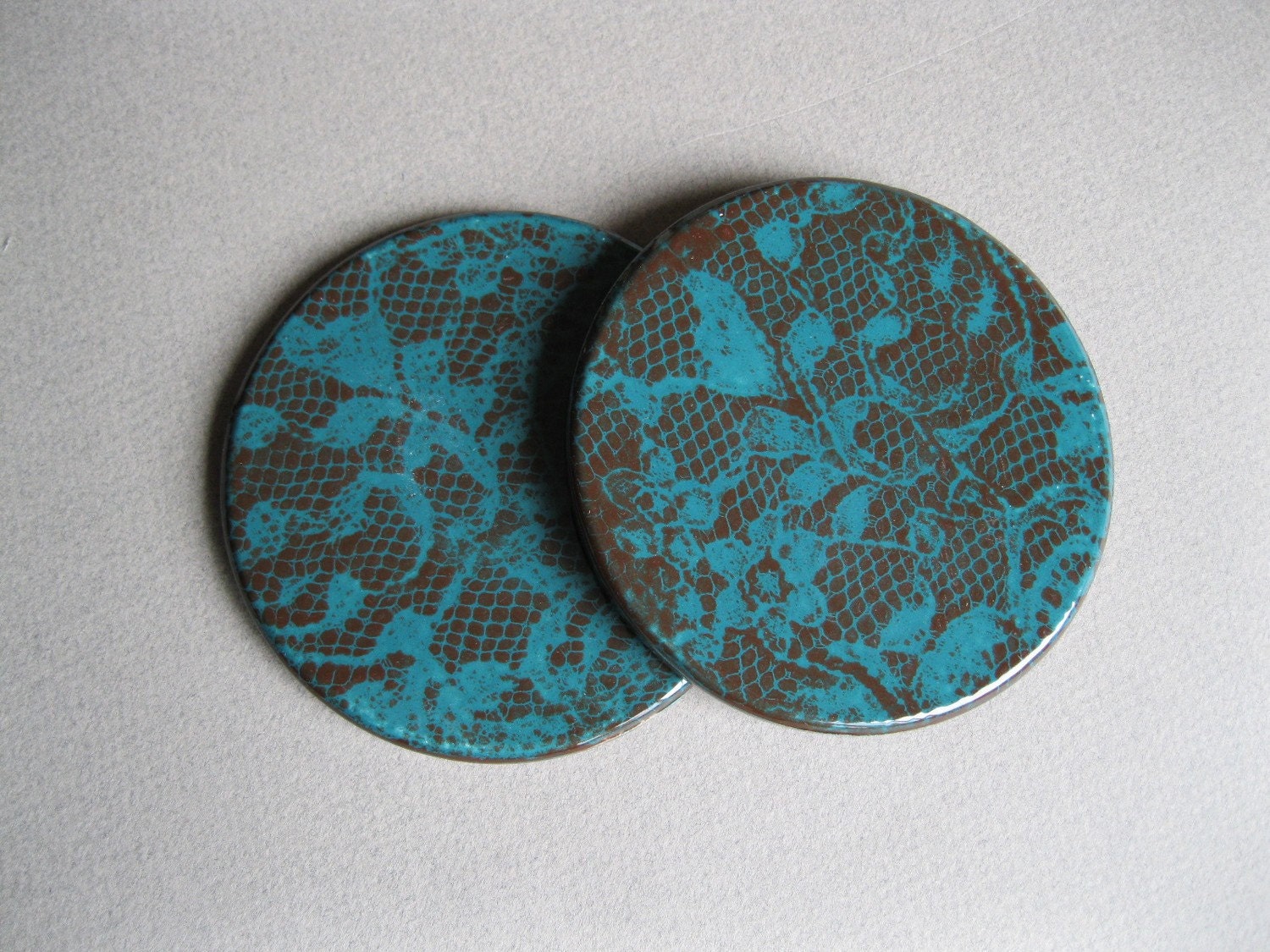 Set of 2 Round Teal and Brown Lace Coasters