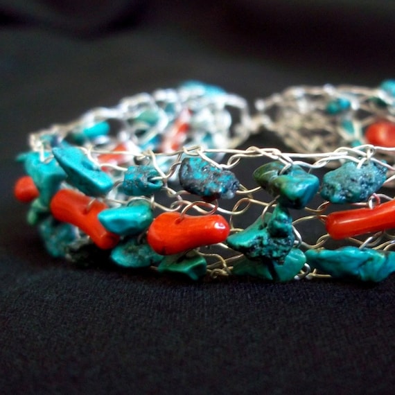 925 Sterling Silver Bracelet - Coral and Turquoise - Free Shipping
