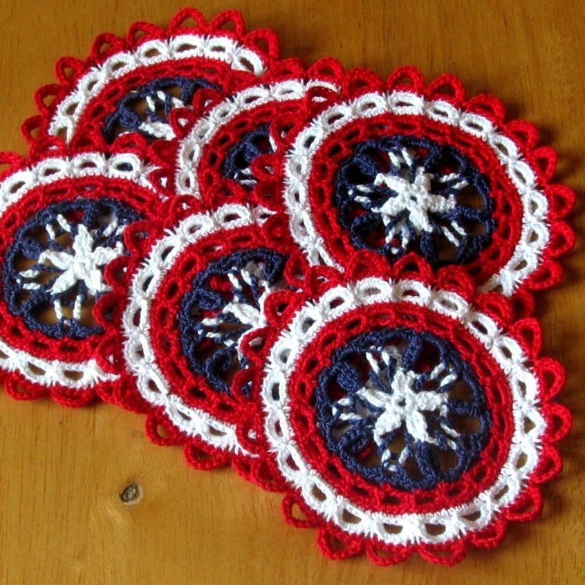 Americana Star Coaster Set, Fiber Art, Celtic Woven Crochet, Trinket, Doily, Reversible