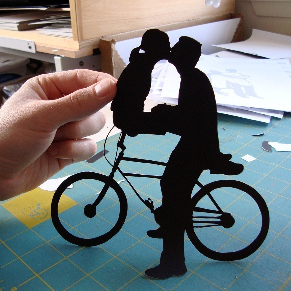 First Anniversary Gift Paper Kissing Couple on Bike- 8x10