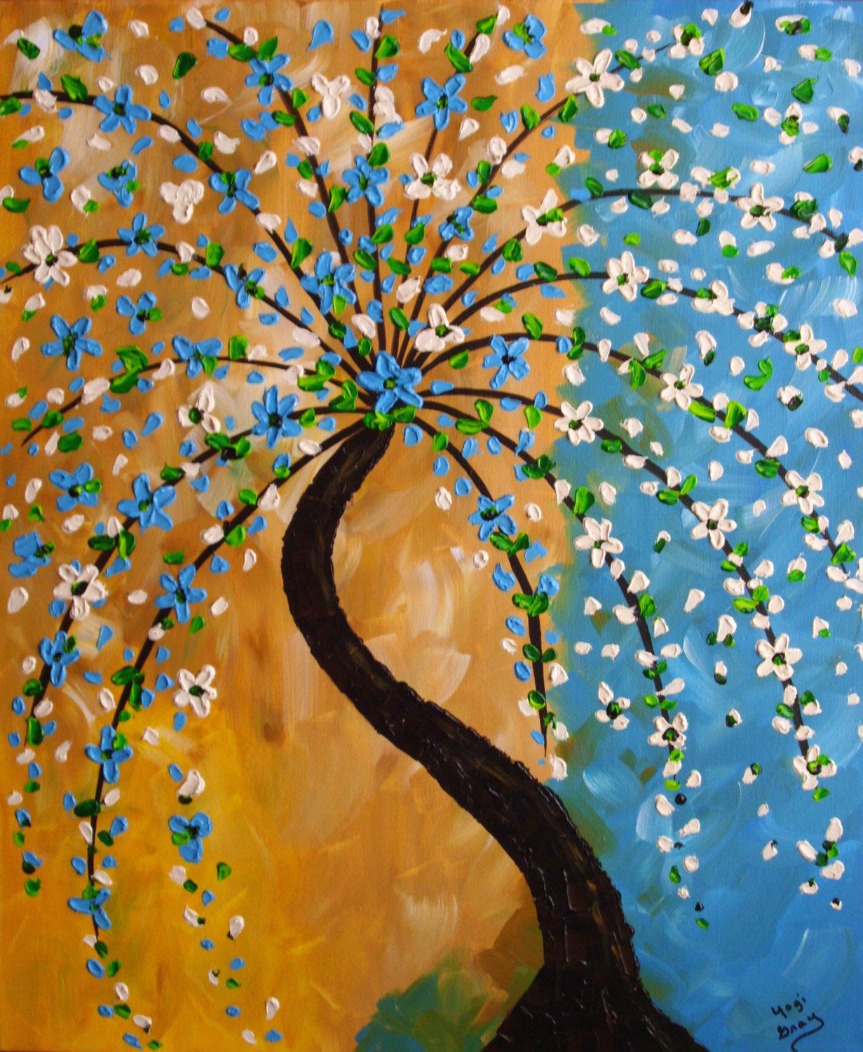 Contemporary Modern Abstract Blue and White Flower Tree 24x20
