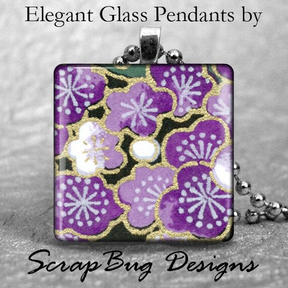 Glass Washi Pendant 1 Inch Square--Purple Cherry Blossoms