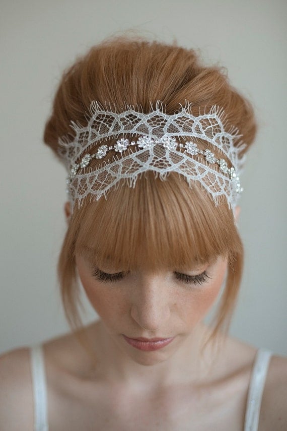 Chantilly and rhinestone self tie headband - Style 016 - Made to Order