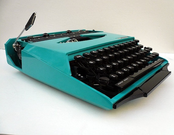 1970s Turquoise CURSIVE Ghia Manual Typewriter with Racing Stripe Case