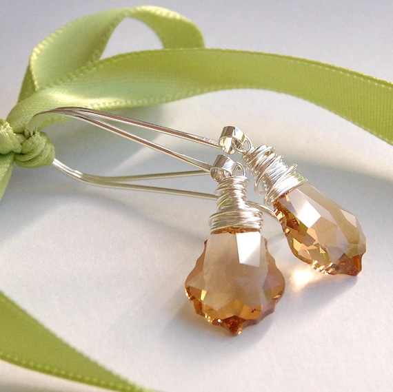 Handmade Earrings - Amber Light Colorado Topaz Swarovski Crystal Wire Wrapped Baroque Drop Earrings on Handmade Sterling Silver Earwires