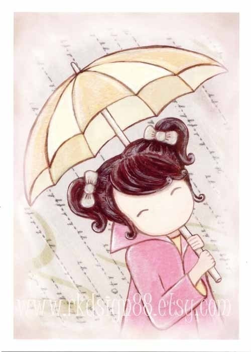 Rainy day - Whimsical Girl with Umbrella Cute Nursery Wall Art Print